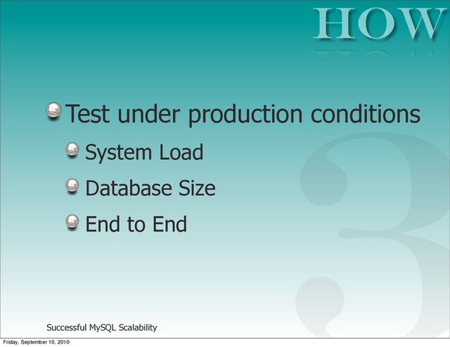 Successful MySQL Scalability
Test under production conditions
System Load
Database Size
End to End
HOW
3
Friday, September 10, 2010
