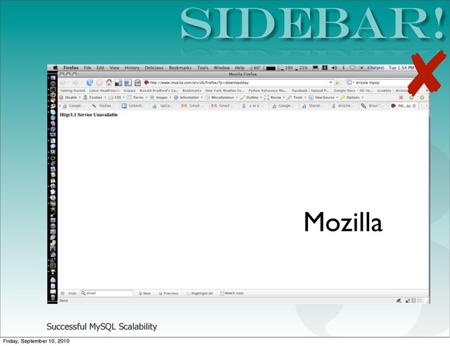 Successful MySQL Scalability
SIDEBAR!
3
Mozilla
✘
Friday, September 10, 2010
