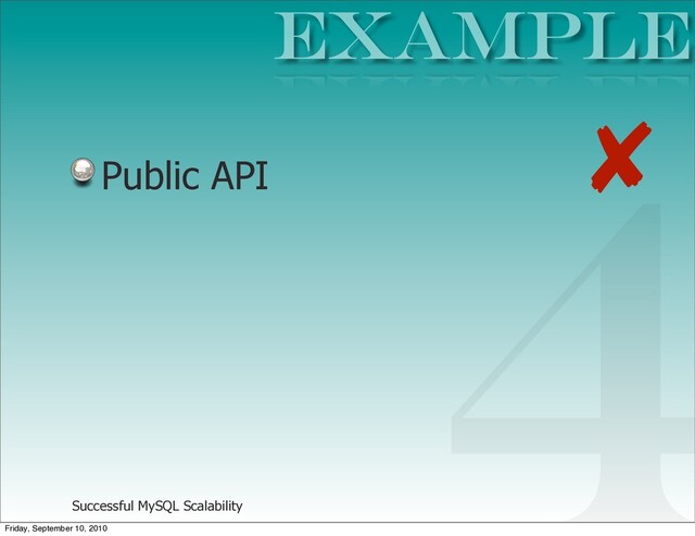 Successful MySQL Scalability
Public API
Example
4
✘
Friday, September 10, 2010

