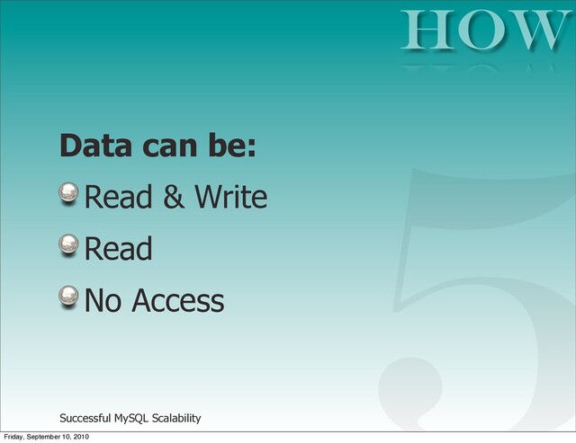 Successful MySQL Scalability
Data can be:
Read & Write
Read
No Access
HOW
5
Friday, September 10, 2010
