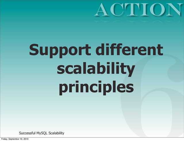 Successful MySQL Scalability
Support different
scalability
principles
Action
6
Friday, September 10, 2010

