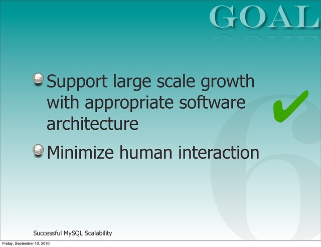Successful MySQL Scalability
Support large scale growth
with appropriate software
architecture
Minimize human interaction
GOAL
6
✔
Friday, September 10, 2010
