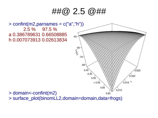 ##@ 2.5 @##
> confint(m2,parnames = c("a","h"))
2.5 % 97.5 %
a 0.386789631 0.66508885
h 0.007073913 0.02613834
> domain<-confint(m2)
> surface_plot(binomLL2,domain=domain,data=frogs)
