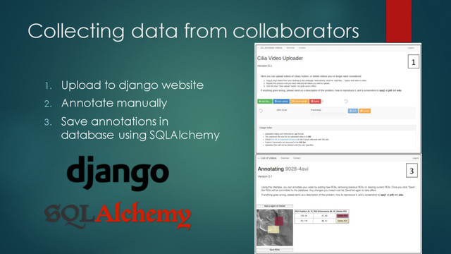 Collecting data from collaborators
1. Upload to django website
2. Annotate manually
3. Save annotations in
database using SQLAlchemy
