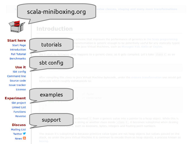 scala-miniboxing.org
scala-miniboxing.org
tutorials
sbt config
examples
support
