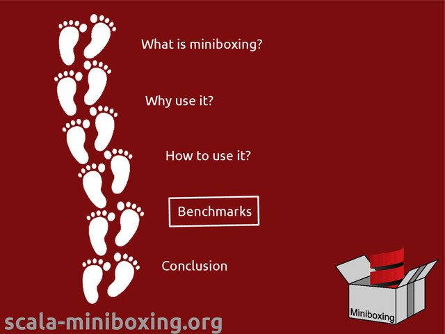 scala-miniboxing.org
What is miniboxing?
Why use it?
Conclusion
How to use it?
Benchmarks
