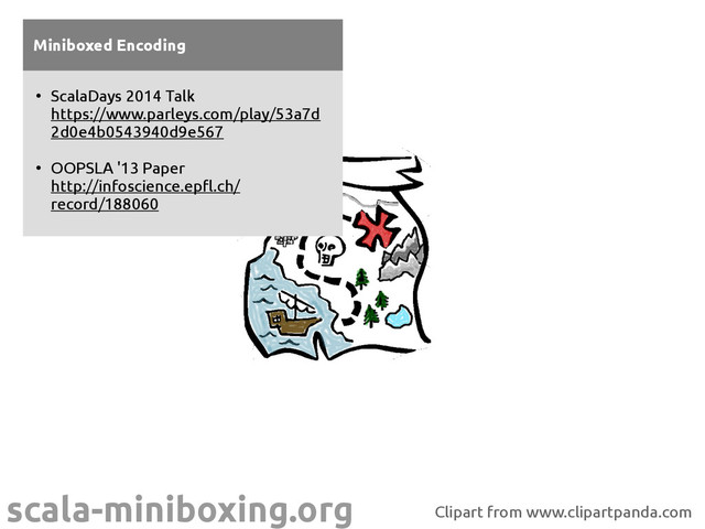scala-miniboxing.org
Miniboxed Encoding
●
ScalaDays 2014 Talk
https://www.parleys.com/play/53a7d
2d0e4b0543940d9e567
●
OOPSLA '13 Paper
http://infoscience.epfl.ch/
record/188060
Clipart from www.clipartpanda.com
