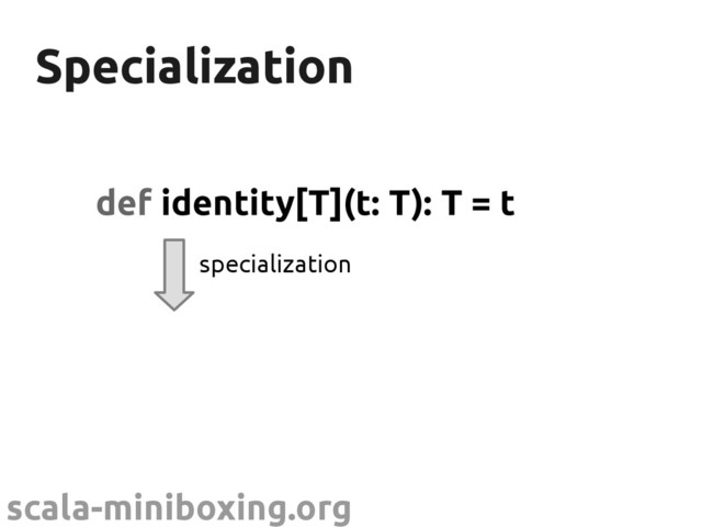 scala-miniboxing.org
Specialization
Specialization
def identity[T](t: T): T = t
specialization
