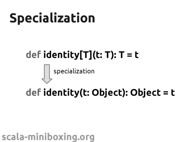 scala-miniboxing.org
Specialization
Specialization
def identity[T](t: T): T = t
def identity(t: Object): Object = t
specialization
