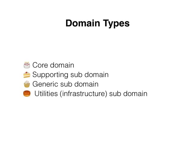 Domain Types
🎂 Core domain
 
🍰 Supporting sub domain
 
🧁 Generic sub domain
 
🥮 Utilities (infrastructure) sub domain
