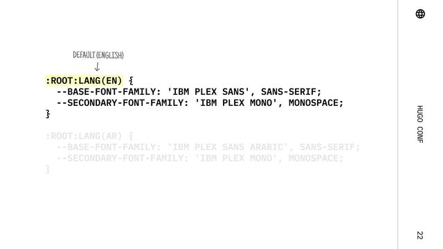 Hugo Conf 22
:root:lang(en) {

--base-font-family: 'IBM Plex Sans', Sans-Serif;

--secondary-font-family: 'IBM Plex Mono', monospace;

}
Default (english)
