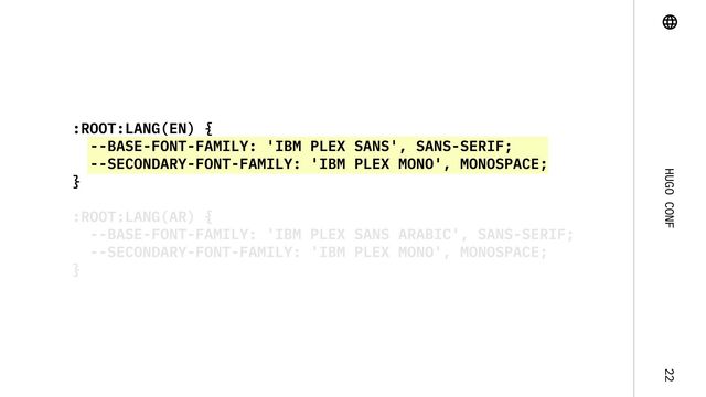 Hugo Conf 22
:root:lang(en) {

--base-font-family: 'IBM Plex Sans', Sans-Serif;

--secondary-font-family: 'IBM Plex Mono', monospace;

}
