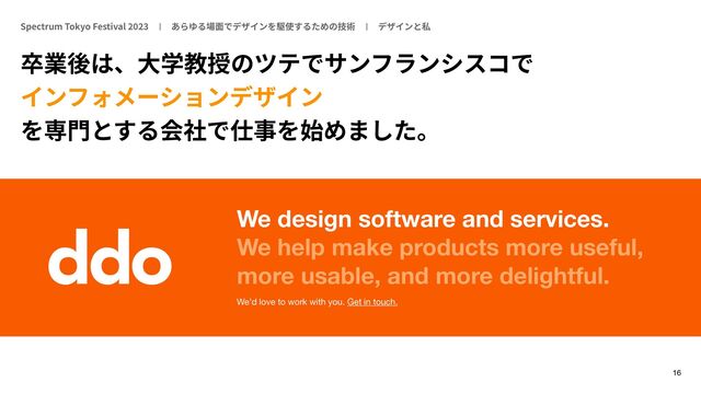 16
Spectrum Tokyo Festival
20
2 3 



We design software and services.
We help make products more useful,
more usable, and more delightful.
We’d love to work with you. Get in touch.
ddo
