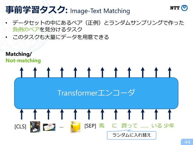• データセットの中にあるペア（正例）とランダムサンプリングで作った
負例のペアを⾒分けるタスク
• このタスクも⼤量にデータを⽤意できる
44
事前学習タスク: Image-Text Matching
ランダムに⼊れ替え
Transformerエンコーダ
Matching/
Not-matching
[SEP] ⾺ に 跨って …… いる 少年
[CLS] …
