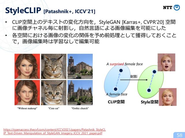 • CLIP空間上のテキストの変化⽅向を，StyleGAN [Karras+, CVPR’20] 空間
に画像チャネル毎に射影し，⾃然⾔語による画像編集を可能にした
• 各空間における画像の変化の関係を予め前処理として獲得しておくこと
で，画像編集時は学習なしで編集可能
StyleCLIP [Patashnik+, ICCV’21]
https://openaccess.thecvf.com/content/ICCV2021/papers/Patashnik_StyleCL
IP_Text-Driven_Manipulation_of_StyleGAN_Imagery_ICCV_2021_paper.pdf
A female face
A surprised female face
CLIP空間 Style空間
射影
58
