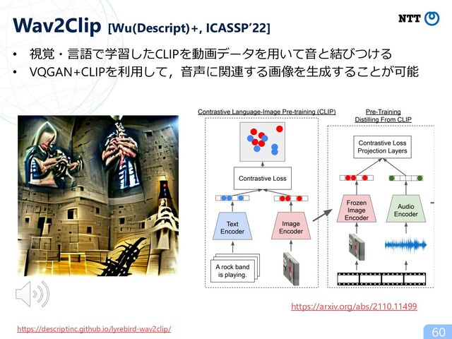 • 視覚・⾔語で学習したCLIPを動画データを⽤いて⾳と結びつける
• VQGAN+CLIPを利⽤して，⾳声に関連する画像を⽣成することが可能
Wav2Clip [Wu(Descript)+, ICASSP’22]
60
https://arxiv.org/abs/2110.11499
https://descriptinc.github.io/lyrebird-wav2clip/
