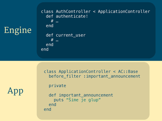 Engine
App
class AuthController < ApplicationController
def authenticate!
# …
end
!
def current_user
# …
end
end
class ApplicationController < AC::Base
before_filter :important_announcement
!
private
!
def important_announcement
puts “Šime je glup”
end
end
