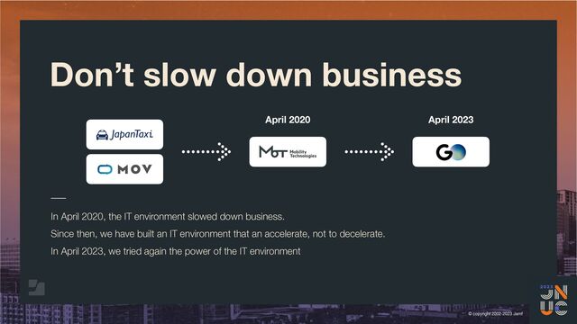 © copyright 2002-2023 Jamf
Don’t slow down business
In April 2020, the IT environment slowed down business.
Since then, we have built an IT environment that an accelerate, not to decelerate.
In April 2023, we tried again the power of the IT environment
April 2020 April 2023
