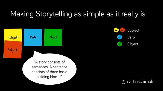 Verb
Subject
Making Storytelling as simple as it really is
Object
@martinschimak
Subject
"A story consists of
sentences. A sentence
consists of three basic
building blocks!"
✓
✓
Subject
Verb
Object
✓
✓

