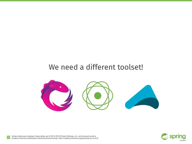 Unless otherwise indicated, these slides are © 2013-2018 Pivotal Software, Inc. and licensed under a

Creative Commons Attribution-NonCommercial license: http://creativecommons.org/licenses/by-nc/3.0/
We need a different toolset!
!35
