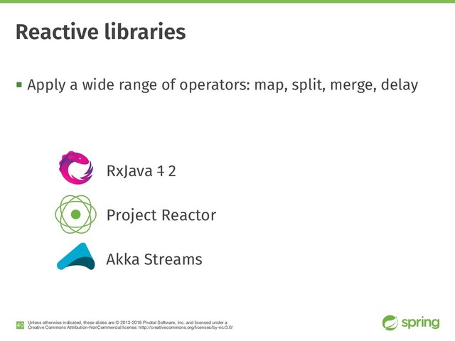 Unless otherwise indicated, these slides are © 2013-2018 Pivotal Software, Inc. and licensed under a

Creative Commons Attribution-NonCommercial license: http://creativecommons.org/licenses/by-nc/3.0/
! Apply a wide range of operators: map, split, merge, delay
RxJava 1 2
Project Reactor
Akka Streams
!40
Reactive libraries
