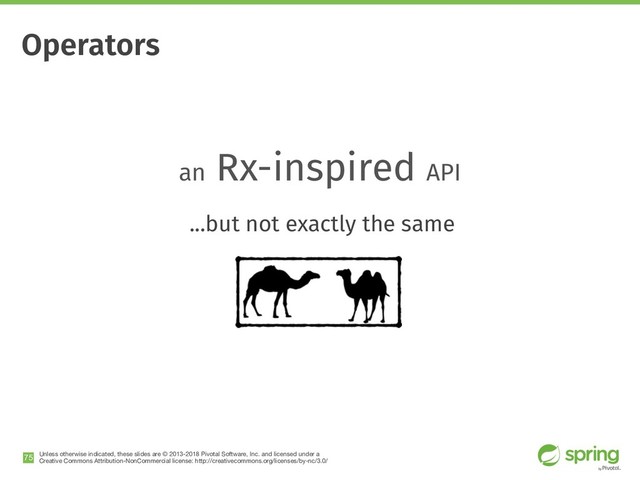 Unless otherwise indicated, these slides are © 2013-2018 Pivotal Software, Inc. and licensed under a

Creative Commons Attribution-NonCommercial license: http://creativecommons.org/licenses/by-nc/3.0/
!75
Operators
an Rx-inspired API
...but not exactly the same
