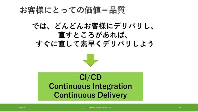 お客様にとっての価値＝品質
5/17/2021 COPYRIGHT © ATSUSHI NAGATA 9
では、どんどんお客様にデリバリし、
直すところがあれば、
すぐに直して素早くデリバリしよう
CI/CD
Continuous Integration
Continuous Delivery
