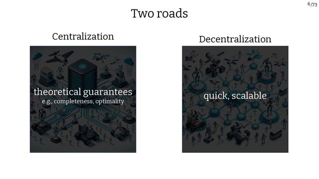/73
6
Two roads
Decentralization
quick, scalable
Centralization
theoretical guarantees
e.g., completeness, optimality
