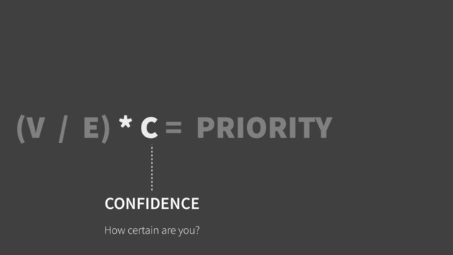 (V / E) * C = PRIORITY
CONFIDENCE
How certain are you?
