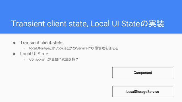 Transient client state, Local UI Stateの実装
● Transient client stete
○ localStorageとかCookieとかのServiceに状態管理を任せる
● Local UI State
○ Componentの変数に状態を持つ
Component
LocalStorageService
