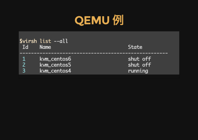 QEMU
例
$virsh list --all
Id Name State
----------------------------------------------------
1 kvm_centos6 shut off
2 kvm_centos5 shut off
3 kvm_centos4 running
