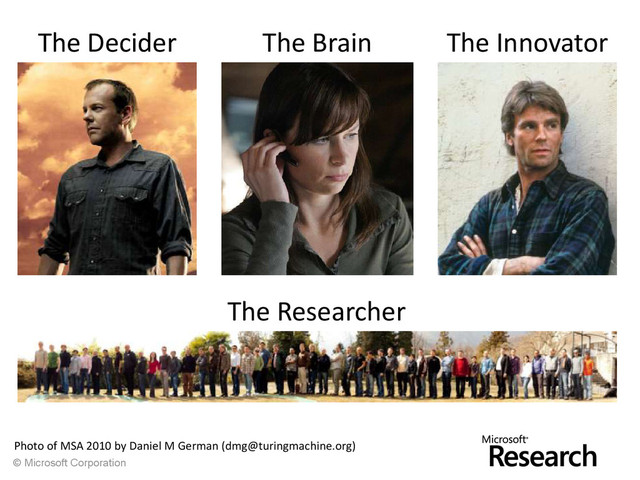 © Microsoft Corporation
The Decider The Brain The Innovator
Photo of MSA 2010 by Daniel M German (dmg@turingmachine.org)
The Researcher
