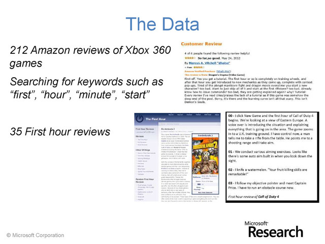 © Microsoft Corporation
The Data
212 Amazon reviews of Xbox 360
games
Searching for keywords such as
“first”, “hour”, “minute”, “start”
35 First hour reviews
