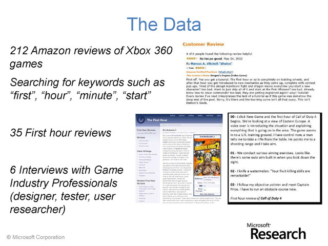 © Microsoft Corporation
The Data
212 Amazon reviews of Xbox 360
games
Searching for keywords such as
“first”, “hour”, “minute”, “start”
35 First hour reviews
6 Interviews with Game
Industry Professionals
(designer, tester, user
researcher)
