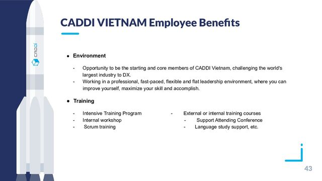 CADDI VIETNAM Employee Beneﬁts
43
●　Environment
- Opportunity to be the starting and core members of CADDI Vietnam, challenging the world's
largest industry to DX.
- Working in a professional, fast-paced, flexible and flat leadership environment, where you can
improve yourself, maximize your skill and accomplish.
●　Training
- Intensive Training Program　　　　　　　　 - External or internal training courses
- Internal workshop - Support Attending Conference
- Scrum training - Language study support, etc.
