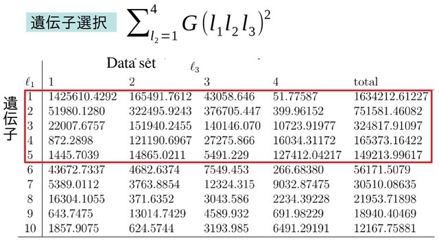 遺
伝
子
Data set
∑
l
2
=1
4
G (l
1
l
2
l
3
)2
遺伝子選択
