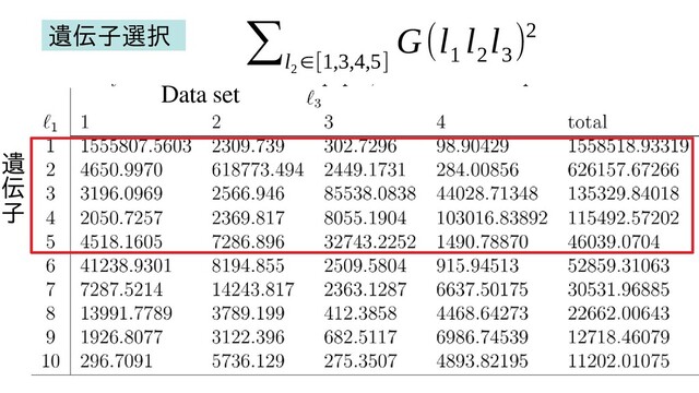 遺
伝
子
Data set
∑l
2
∈[1,3,4,5]
G(l
1
l
2
l
3
)2
遺伝子選択
