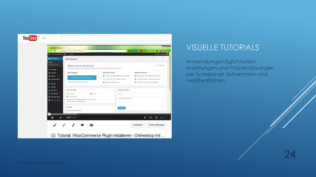 VISUELLE TUTORIALS
Anwendungsmöglichkeiten,
Anleitungen und Problemlösungen
per Screencast aufnehmen und
veröffentlichen.
WordCamp Hamburg 2014
24
