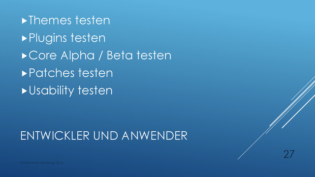 ENTWICKLER UND ANWENDER
Themes testen
Plugins testen
Core Alpha / Beta testen
Patches testen
Usability testen
WordCamp Hamburg 2014
27
