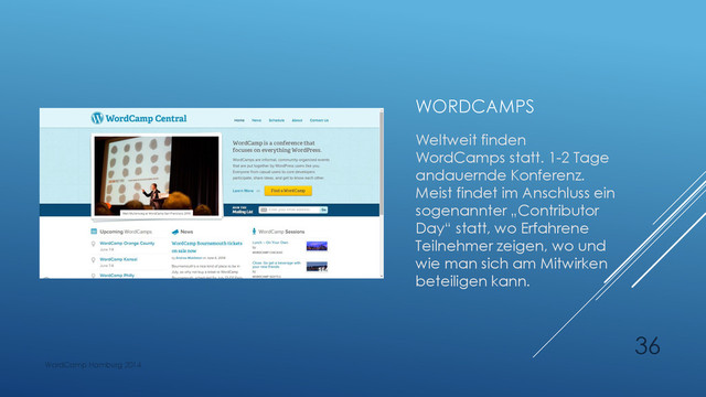 WORDCAMPS
Weltweit finden
WordCamps statt. 1-2 Tage
andauernde Konferenz.
Meist findet im Anschluss ein
sogenannter „Contributor
Day“ statt, wo Erfahrene
Teilnehmer zeigen, wo und
wie man sich am Mitwirken
beteiligen kann.
WordCamp Hamburg 2014
36
