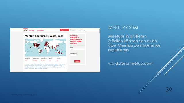 MEETUP.COM
Meetups in größeren
Städten können sich auch
über Meetup.com kostenlos
registrieren.
wordpress.meetup.com
WordCamp Hamburg 2014
39
