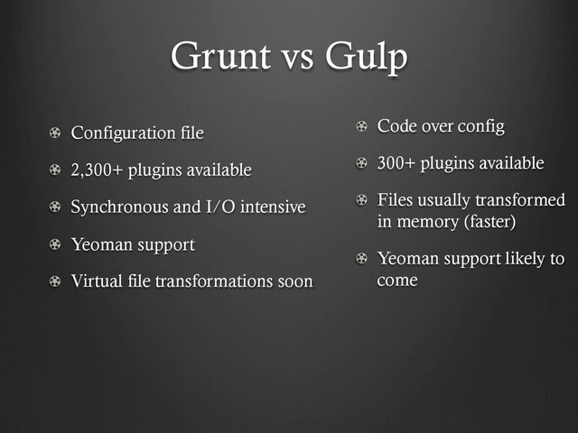 Grunt vs Gulp
!   Configuration file
!   2,300+ plugins available
!   Synchronous and I/O intensive
!   Yeoman support
!   Virtual file transformations soon
!   Code over config
!   300+ plugins available
!   Files usually transformed
in memory (faster)
!   Yeoman support likely to
come
