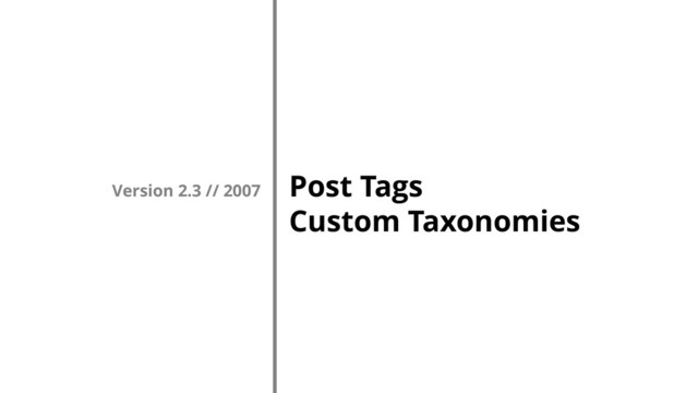 Post Tags
Custom Taxonomies
Version 2.3 // 2007
