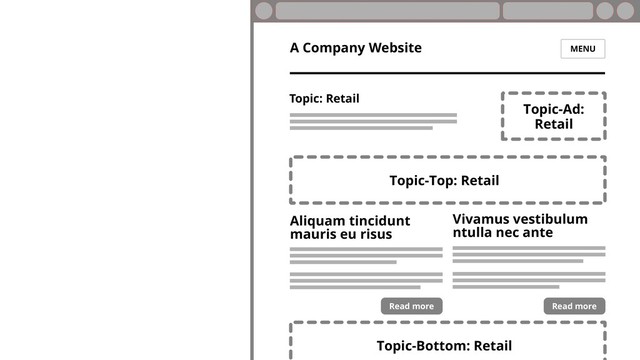 MENU
A Company Website
Topic: Retail
Topic-Ad:
Retail
Topic-Top: Retail
Topic-Bottom: Retail
Aliquam tincidunt
mauris eu risus
Read more
Vivamus vestibulum
ntulla nec ante
Read more
