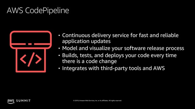 © 2019, Amazon Web Services, Inc. or its affiliates. All rights reserved.
S U M M I T
AWS CodePipeline
• Continuous delivery service for fast and reliable
application updates
• Model and visualize your software release process
• Builds, tests, and deploys your code every time
there is a code change
• Integrates with third-party tools and AWS

