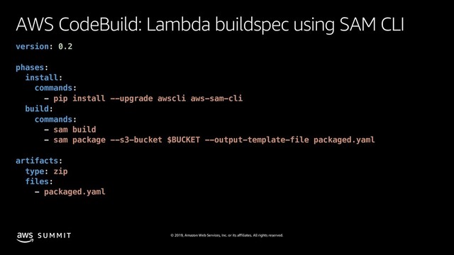 © 2019, Amazon Web Services, Inc. or its affiliates. All rights reserved.
S U M M I T
AWS CodeBuild: Lambda buildspec using SAM CLI
version: 0.2
phases:
install:
commands:
- pip install --upgrade awscli aws-sam-cli
build:
commands:
- sam build
- sam package --s3-bucket $BUCKET --output-template-file packaged.yaml
artifacts:
type: zip
files:
- packaged.yaml
