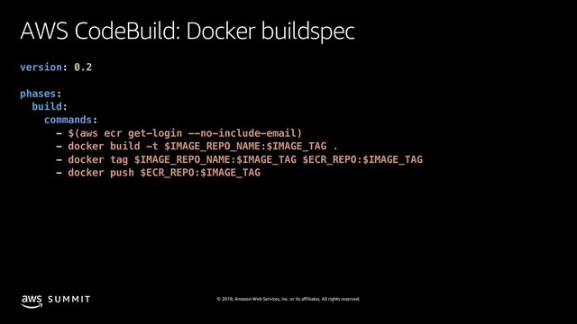 © 2019, Amazon Web Services, Inc. or its affiliates. All rights reserved.
S U M M I T
AWS CodeBuild: Docker buildspec
version: 0.2
phases:
build:
commands:
- $(aws ecr get-login --no-include-email)
- docker build -t $IMAGE_REPO_NAME:$IMAGE_TAG .
- docker tag $IMAGE_REPO_NAME:$IMAGE_TAG $ECR_REPO:$IMAGE_TAG
- docker push $ECR_REPO:$IMAGE_TAG
