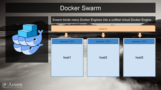 Docker Swarm
11
Swarm binds many Docker Engines into a unified virtual Docker Engine
host1
dockerd :2375
host2
dockerd :2375
host3
dockerd :2375
swarm

