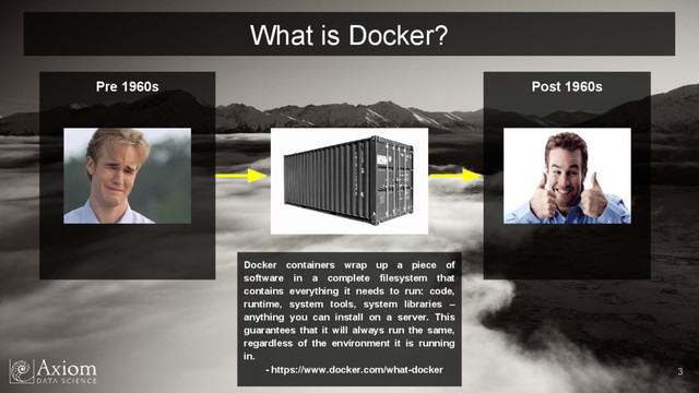 Pre 1960s Post 1960s
3
What is Docker?
Docker containers wrap up a piece of
software in a complete filesystem that
contains everything it needs to run: code,
runtime, system tools, system libraries –
anything you can install on a server. This
guarantees that it will always run the same,
regardless of the environment it is running
in.
- https://www.docker.com/what-docker
