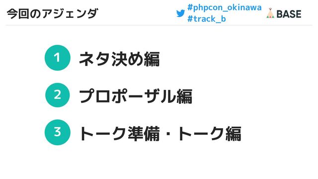 #phpcon_okinawa
#track_b
今回のアジェンダ
9
１
２
３
ネタ決め編
プロポーザル編
トーク準備・トーク編
9
